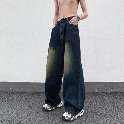 maoxiangshop Men's Jeans Korean Version Student Handsome Casual Pants High Street Straight Loose Wide Leg Jeans Vintage Blue Baggy Jeans