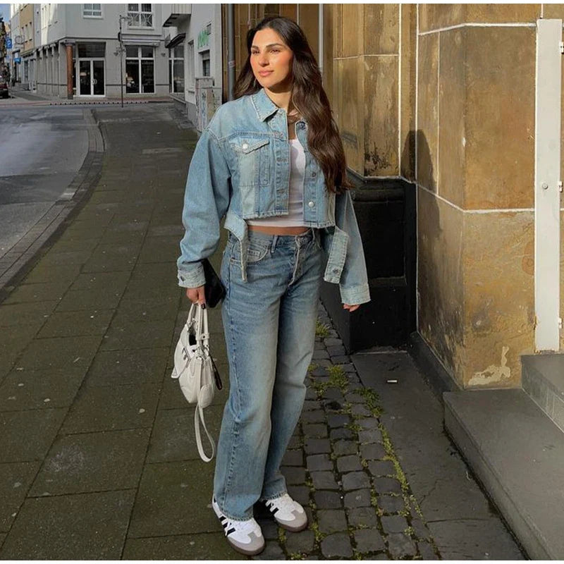 maoxiangshop  -  Denim Jacket Women Fashion Lapel Single Breasted Blue Bomber Jackets Female Spring Autumn Streetwear Loose Short Coat Tops