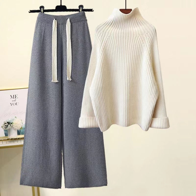 maoxiangshop Autumn Winter Warm Knitted Suit Women Long Sleeve Half Turtleneck Knitting Sweater And Wide Leg Pants Sets Outer Wear Loose Set