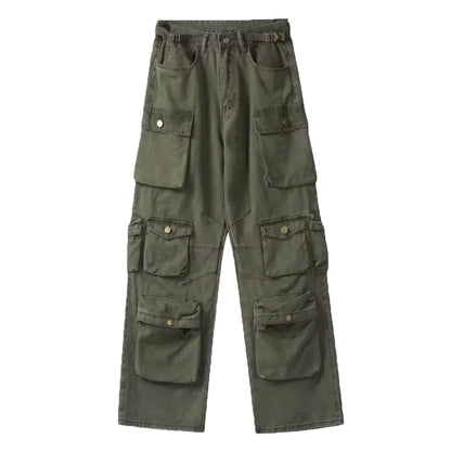 maoxiangshop Spring Cargo pants New Popular Rice White Multi-pockets Overalls Harajuku stays Men Loose Casual Trousers Straight Mopping Pants