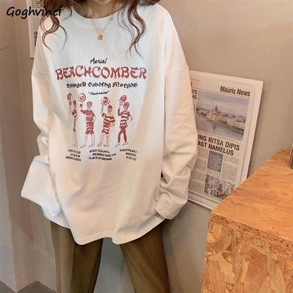 Women Long Sleeve T-shirts Leisure Soft Printed Trendy Korean Style Students Retro Tops Boyfriend O-neck Females Teens Simple