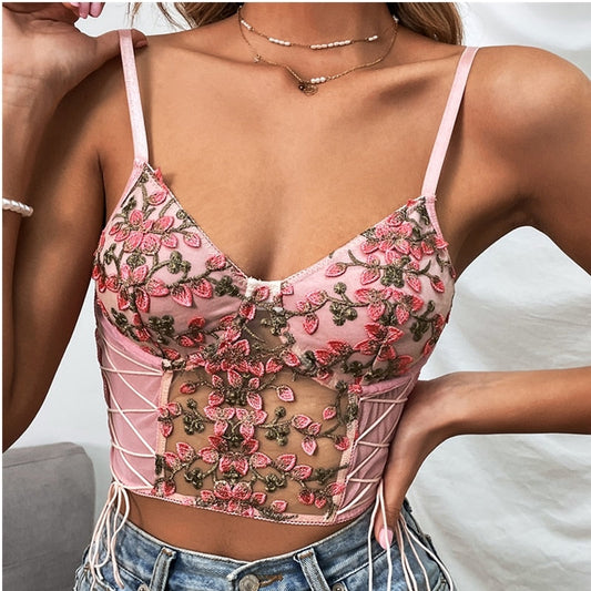 maoxiangshop Women Sexy Pink Tank Top Flower Embroidery V-neck Summer Slim Camisole Female Tie-Up Crop Tank Tops Vest Spaghetti Straps Camis