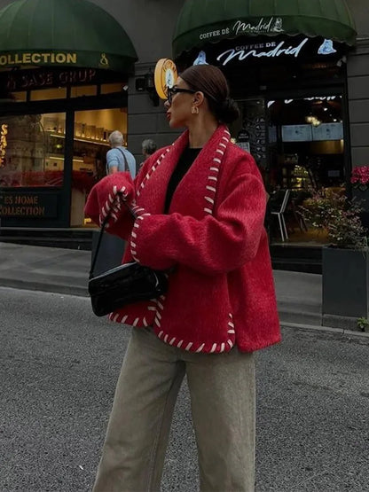 maoxiangshop  -  Wool Coat Women Plush Jackets Chic Laple Patchwork Long Sleeve Short Fleece Top 2024 Autumn Winter Fashion New Lady Streetwears