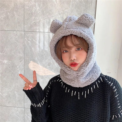 maoxiangshop Cute Bear Ear Hat Scarf Set Kawaii Women Winter Beanies Caps Warm Casual Plush Hat Casual Female Keep Wammer Anime Gift