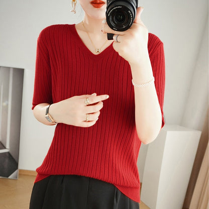 maoxiangshop Women Sweater Short Sleeve Spring Summer Knitwears Korean Fashion Stripe Pullovers Slim Fit Knit Tops Casual V-neck Jumpers