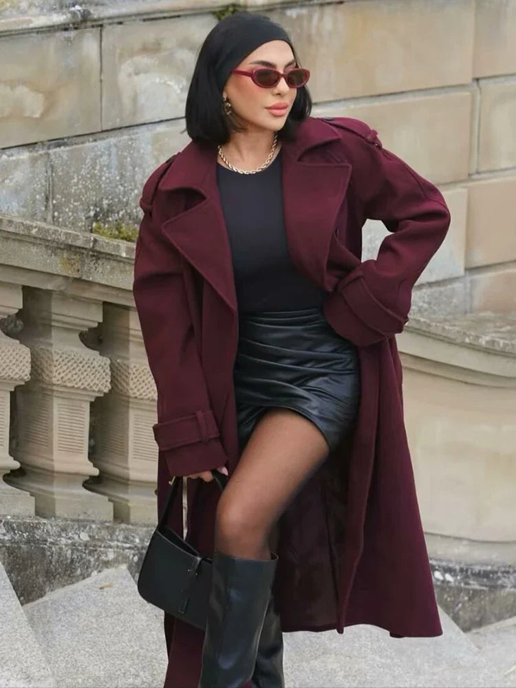 maoxiangshop  -  Women Solid Woolen Long Coat With Belt Fashion Double Breasted Lapel Oversize Jacket Autumn Female High Street Outerwear