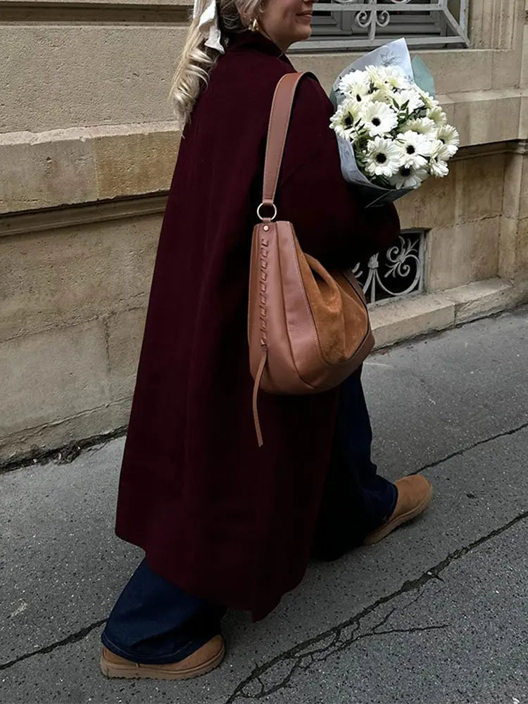 maoxiangshop -  Loose Red Wool Long Trench Overcoat Women Winter Long Sleeve Thick Warm Coat Female Fashion Office Lady Cardigan Outwear