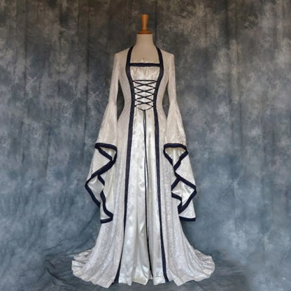 maoxiangshop  -   Gothic Victoria Medieval Vintage Costume For Halloween Cosplay Square Collar Long Batwing Sleeve Patchwork Lace-Up Long Dress
