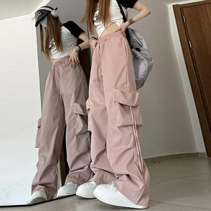 maoxiangshopWomen Big Pockets Cargo Pants Y2k High Elastic Waist Drawstring Baggy Trousers Vintage Casual Loose Side Zipper Straight Pants