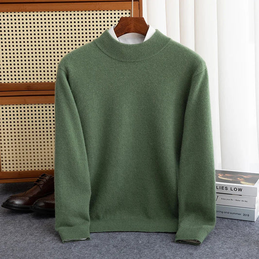 maoxiangshop New Fashion Men's 100% Wool Pullover Half-high Collar Sweater Autumn Winter Warm Solid Color Knit Sweater Business Casual Top