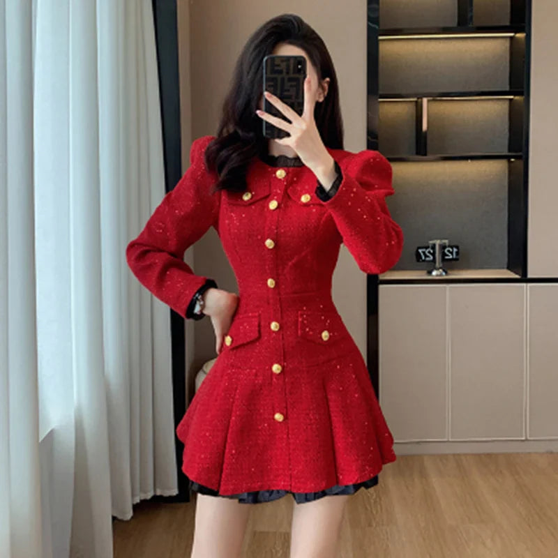 maoxiangshop New Women's Tweed Pleated Mini Dress Autumn Long Sleeve Korean Style Single Breasted Ruffle Fashion Office Lady Vintage Dresses