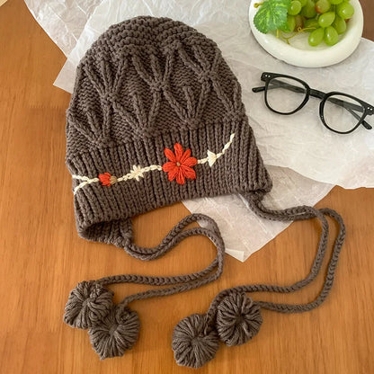 maoxiangshop  -  Knitted Beanies Hat for Women Bohemian Tassel Flower Crocheted Woolen Pullover Cap Autumn Winter Warm Thicken Ear Protection Cap