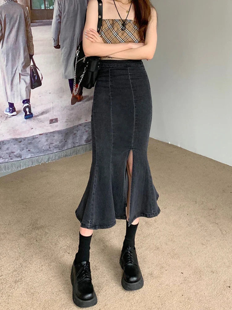 maoxiangshop Black Denim Long Skirt Women Vintage High Waist Split Bodycon Ruffles Pencil Mermaid Midi Skirt Summer Japanese Fashion