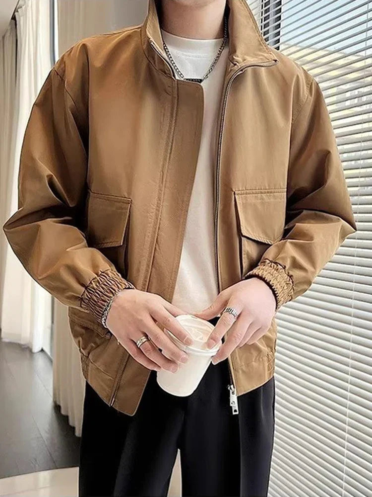 maoxiangshop Autumn Solid Color Cargo Jackets For Men New Korean Fashion Zipper Cardigan Coats Stand Collar Streetwear Bomber Jacket Hombre