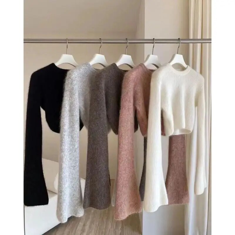 Vintage Mohair Cropped Sweater Women Korean Fashion Slim Knitted Jumper Elegant Soft Warm Flare Sleeve Tops High Street