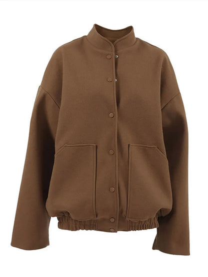 maoxiangshop  -  Thick Women's Autumn Bomber Jacket Woolen Single Breasted Oversized Stand Collar Casual Pocket Coats All-match Chic Outwear