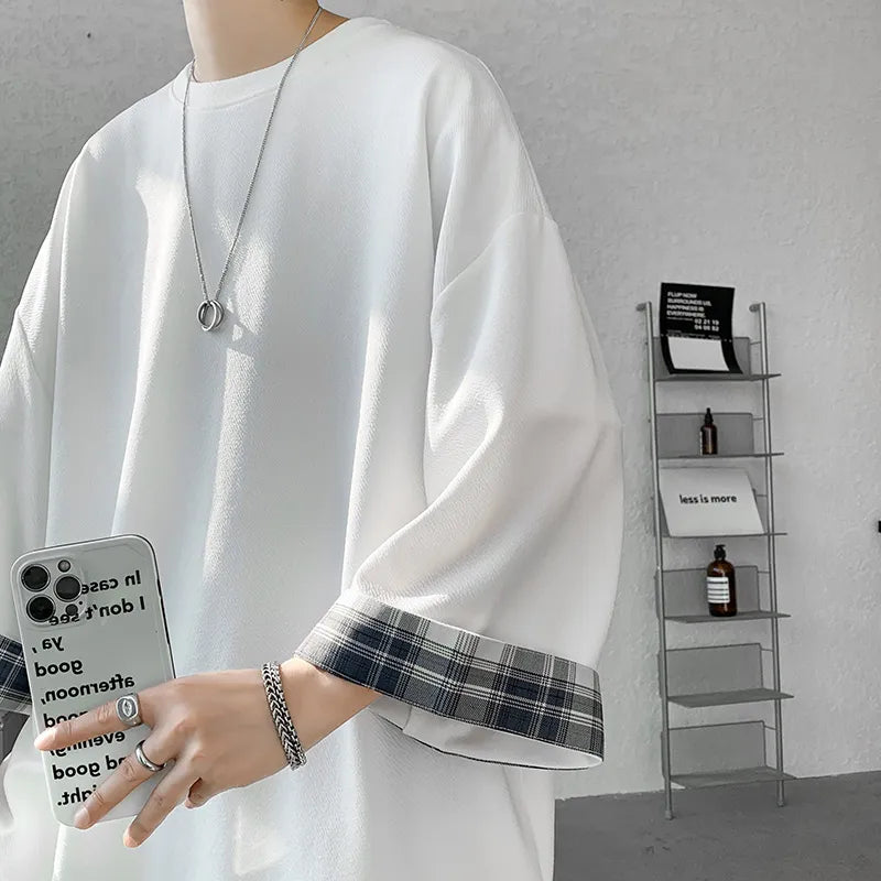 maoxiangshop Spring Summer Men's T-shirts Women Oversized 2XL Korean Style Loose Plaid T-shirt Casual Seven sleeves T-Shirt Male White