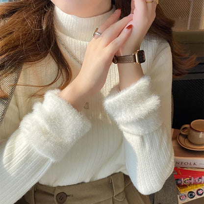 maoxiangshop Women Velvet Thicken Warm Sweaters Semi Turtleneck Knit Thermal Pullovers Solid Ribbed Sweater Women 2024 Fall and Winter