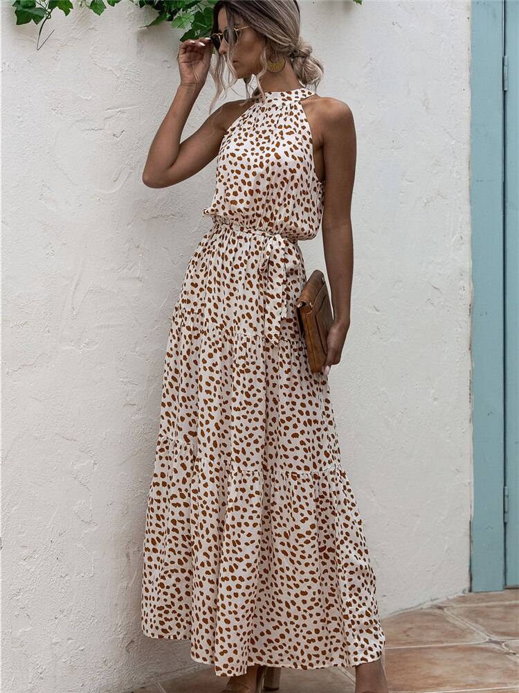 Summer Long Floral Halter Dress Women New Casual Slim Leopard Bandage Ladies Dot Print Beach Style Maxi Dresses