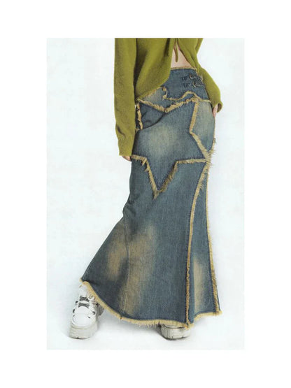 Star Patchwork Women's Denim Skirt High Street Fashion Retro Style Distressed Party Club Casual Spring Autumn Summer Long Dress