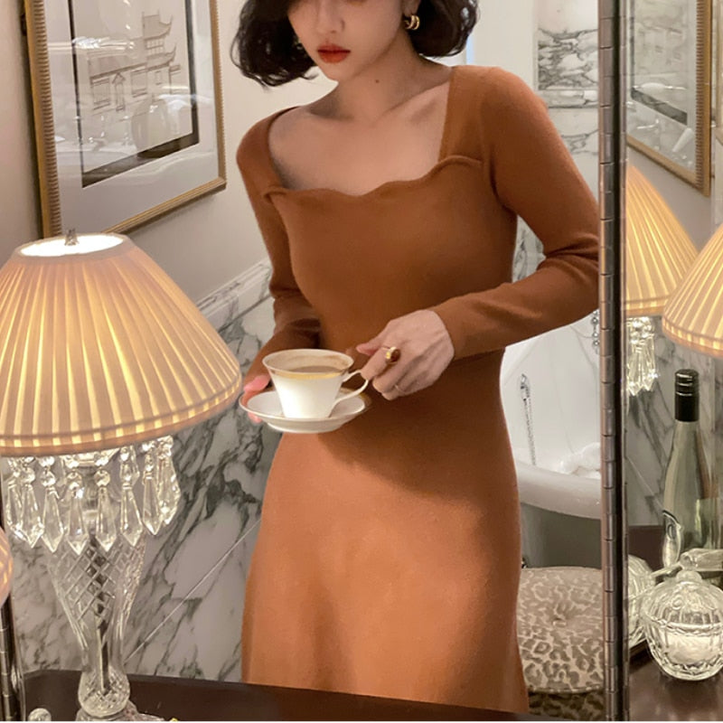 maoxiangshop Knitted France Vintage Party Women Dresses Long Evening Elegant Dress Ladies Casual Chic One Piece Korea Autumn Winter New