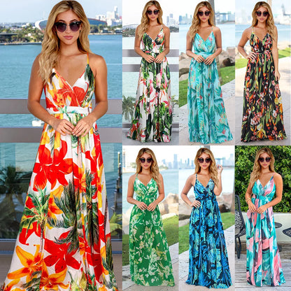 maoxiangshop-High Quality 2024 Spring Summer New Dress Bohemian Floral Camisole Long Dress Women Elegant Over Size Vestidos Evening Dresses