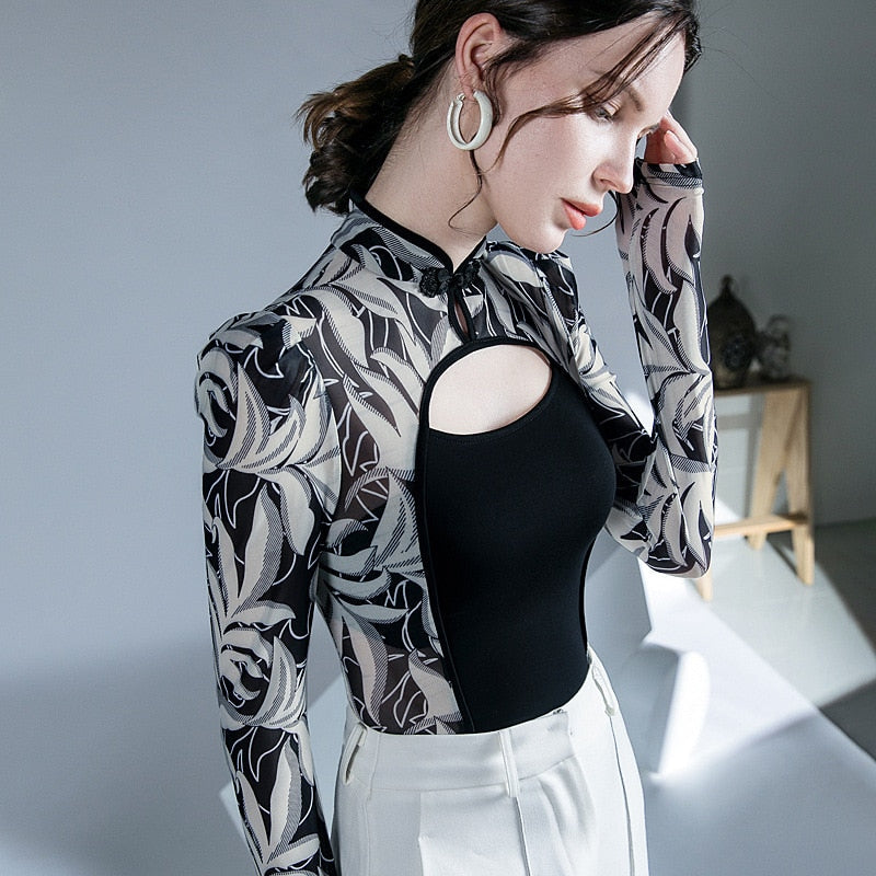 maoxiangshop Printed Mesh Sexy Long Sleeve T Shirts Women Hollow Out Chinese Style Vintage Collar Patchwork Tee Shirt