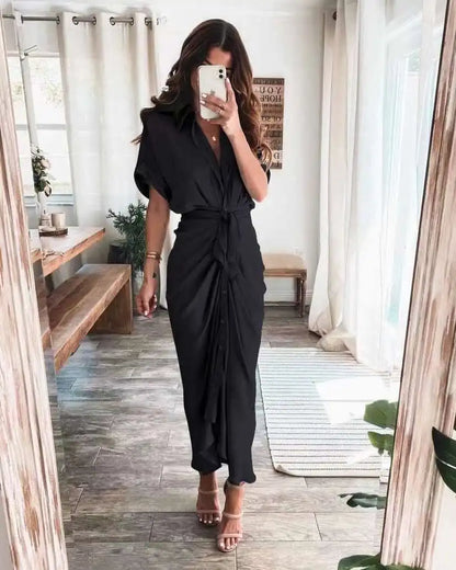 maoxiangshop Women Summer Elegant Button Ruched Bandage Shirt Dress Fashion Casual Short Sleeve Solid V Neck Beach Maxi Dress