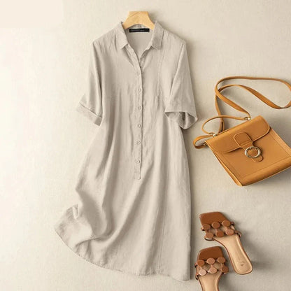 maoxiangshop Summer Dress Elegant Short Sleeve Dresses Women Vintage Cotton Vestido O-Neck Button A-line Work Sundress Robe Femme