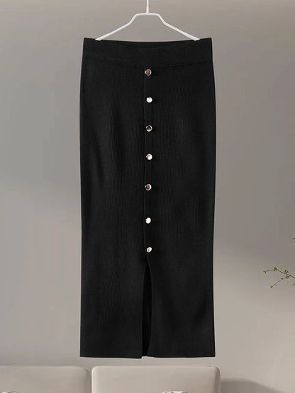 maoxiangshop  -  Elegant Women's Sets Autumn O-neck Buttons Black Knitted Cardigan Midi Skirts Suits Woman Sheath Elegant Solid Sets Office Lady