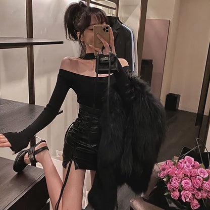 maoxiangshop Fashion Women Ladies Skirt Spring Autumn Solid Color Sexy Clubwear Mini Skirt High Waist Lace-Up Pencil Cross Skirt For Women