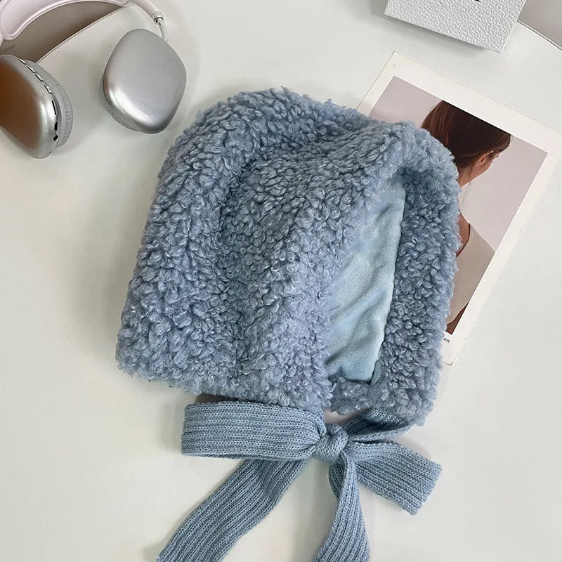 maoxiangshop  -  Lamb Wool Beanies for Women Winter Plush Warm Pullover Hats Thickened Windproof Ear Protection Cap Red Steeple Christmas Bonnets