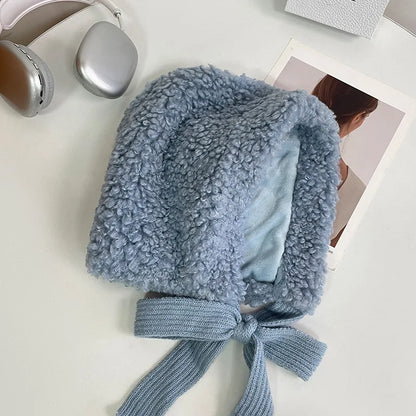 maoxiangshop  -  Lamb Wool Beanies for Women Winter Plush Warm Pullover Hats Thickened Windproof Ear Protection Cap Red Steeple Christmas Bonnets