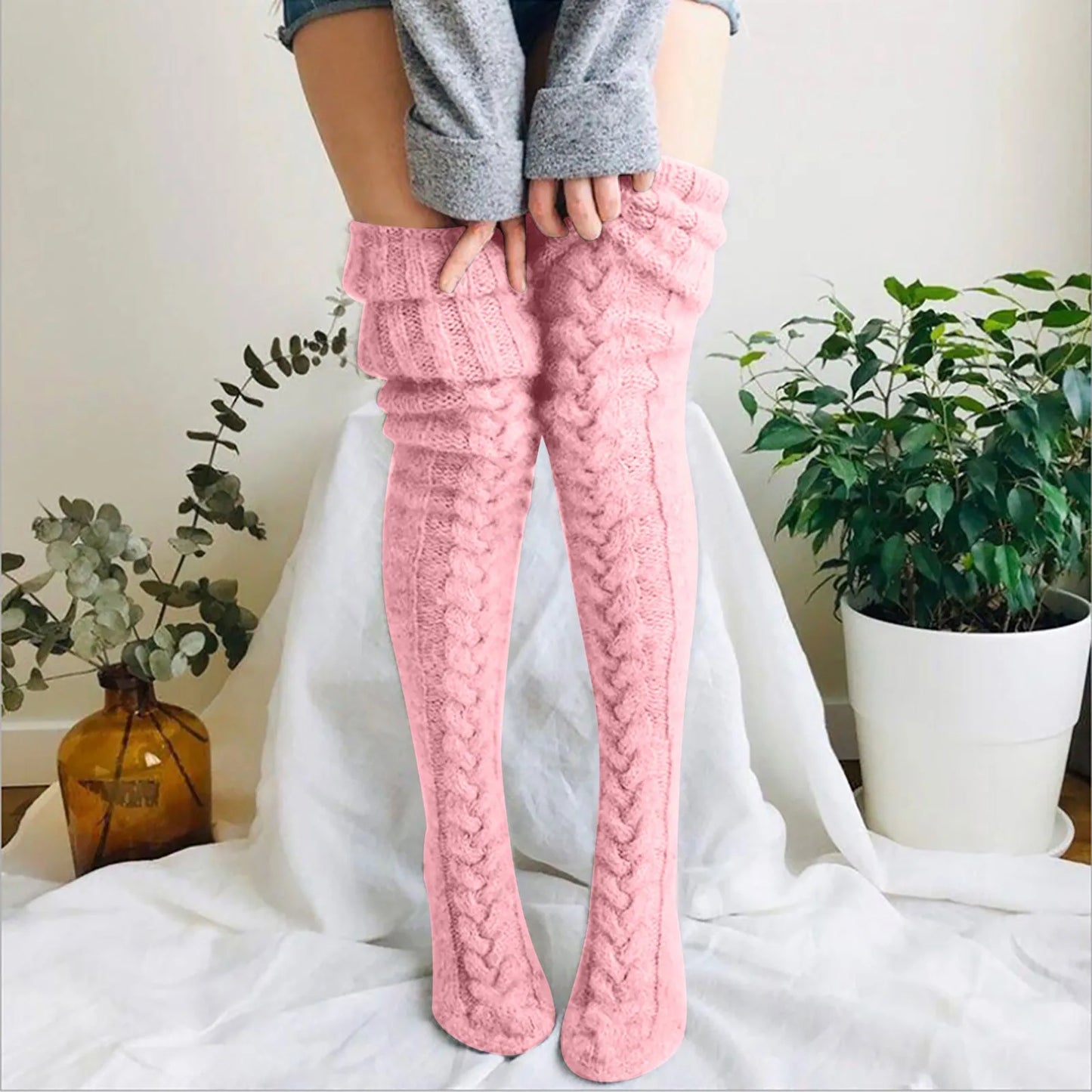 maoxiangshop Women Socks Christmas solid Long Over The Knee Cotton Socks High Long Winter Knitting Over Knee Xmas Knit carpet Socks