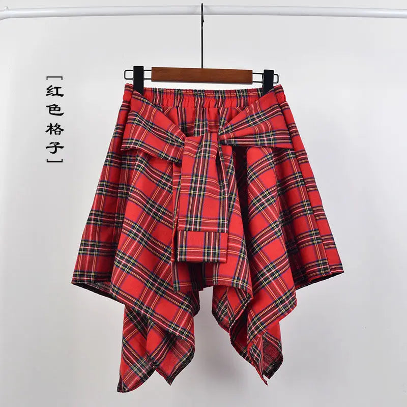 maoxiangshop Summer Casual Retro Irregular Women Skirt Bow-knot Elastic Waist Shirt Style Blue White Lattice Mini A-line Shortskirt Female