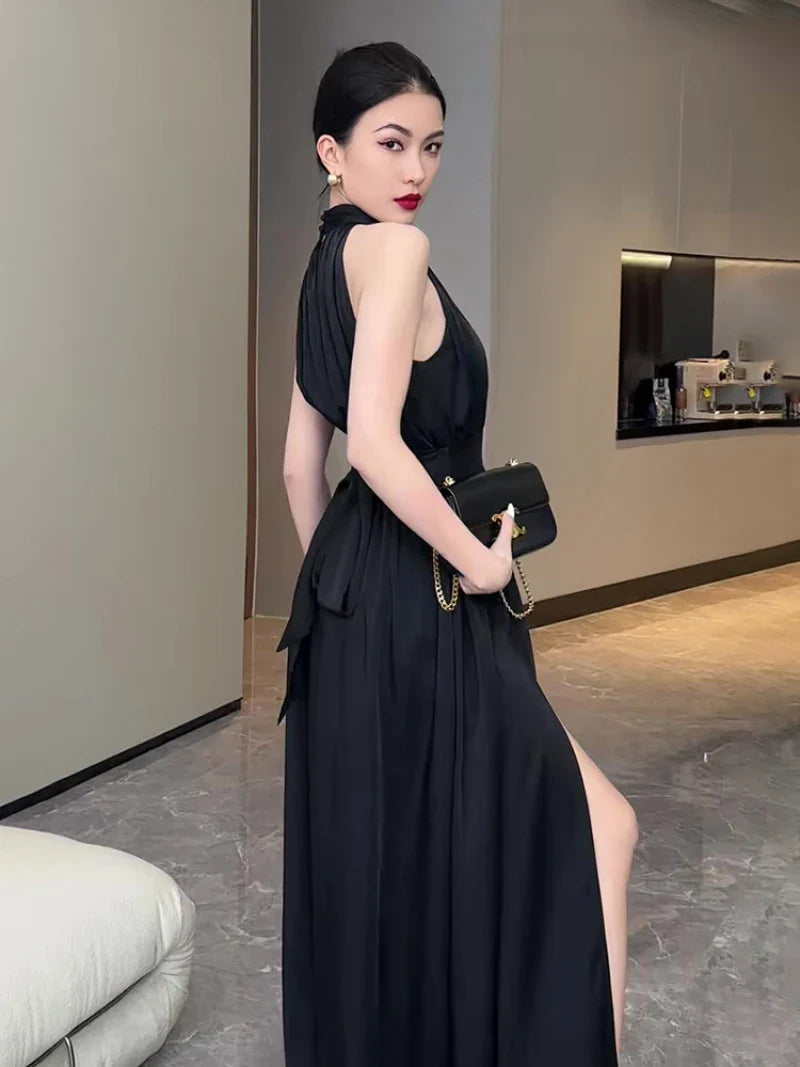 maoxiangshop Sexy Party Sleeveless Black Midi Dresses for Women Summer Korea Elegant Evening Prom Female Clothes Casual Chiffon Dress