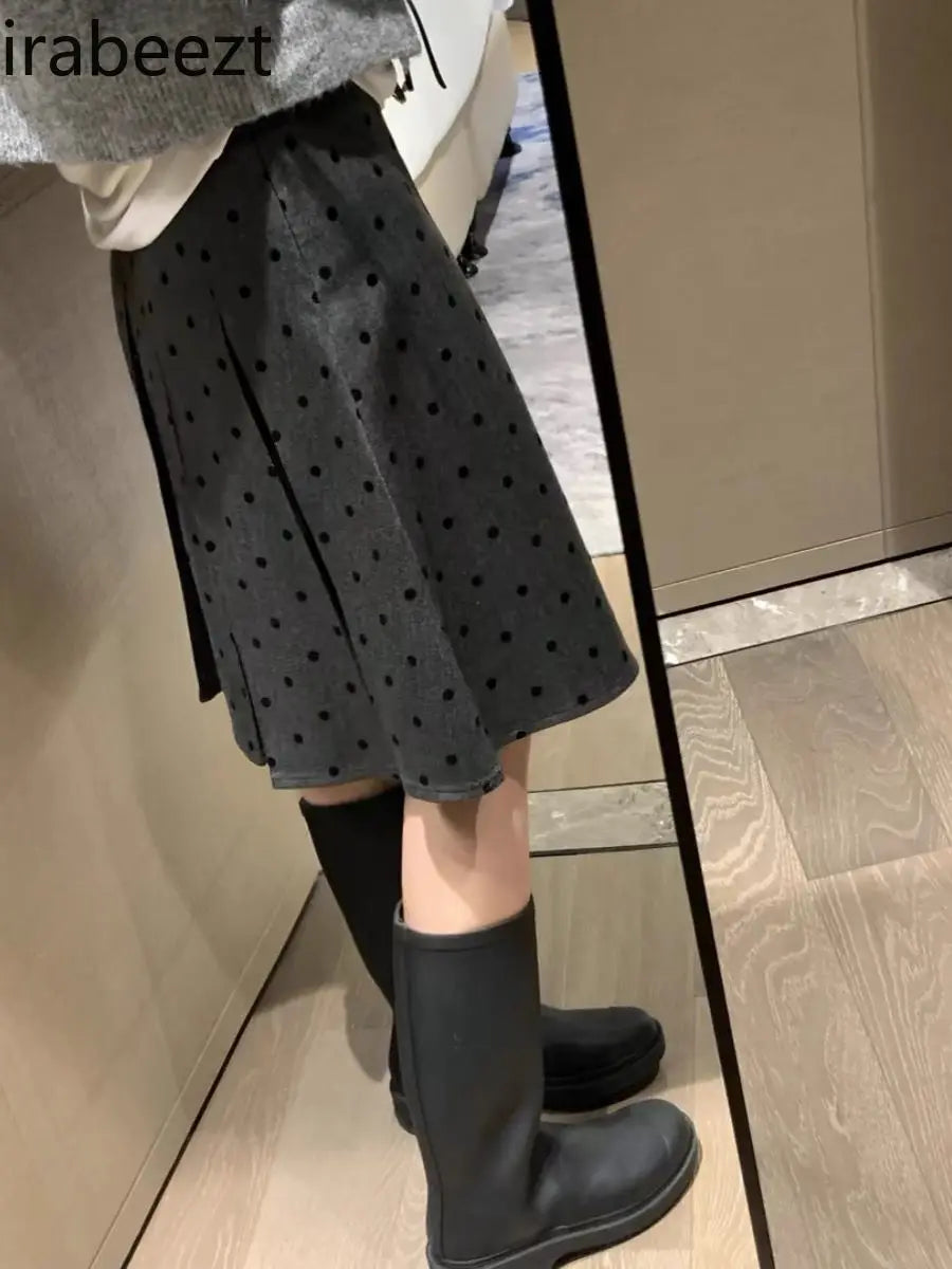 maoxiangshop  -  Retro Wear Two Sides Wear Pleated Polka-dot Skirt Women 2024 Fall/winter New Fashion Gray A-line Skirt