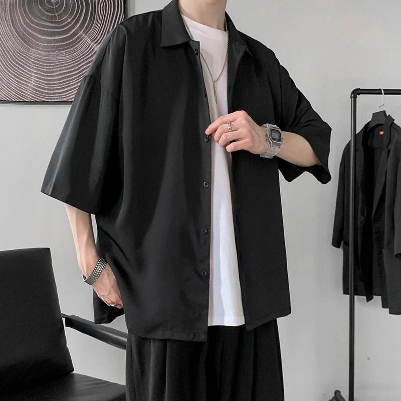 maoxiangshop Half Sleeve Shirts Men Clothing All-match Ulzzang Fashion Students Handsome Summer Thin Casual Simply Baggy Hemden Pure Color