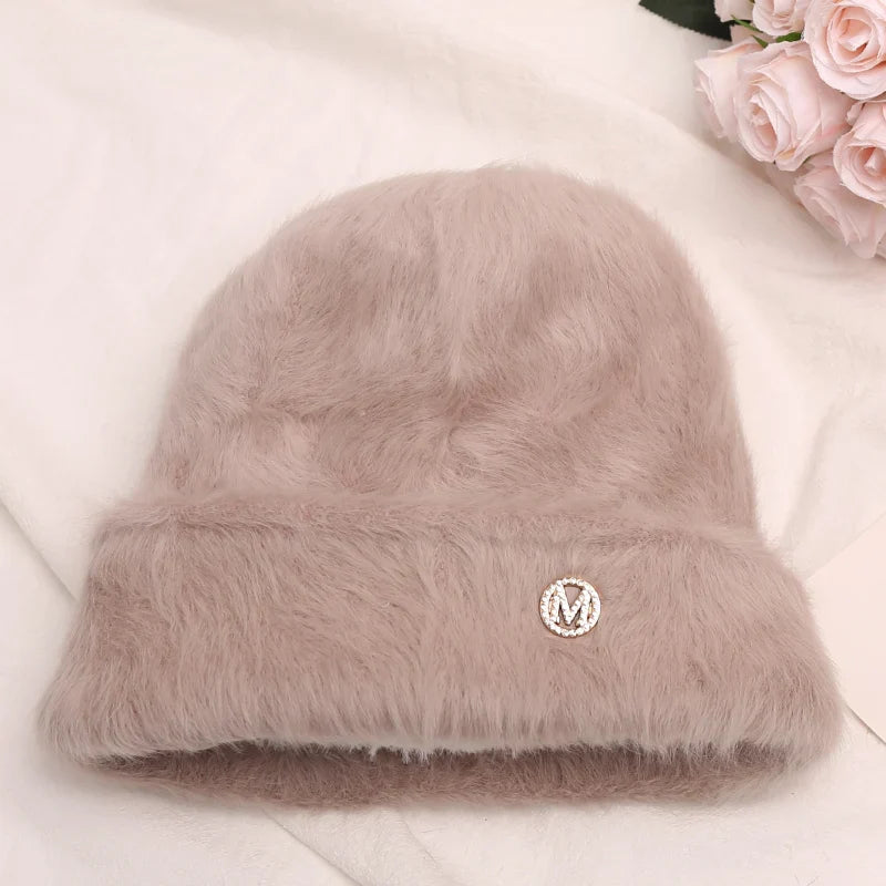 maoxiangshop New Fashion Rabbit Fur Y2k Beanies for Women Soft Warm Fluffy Angola Winter Hat Female Windproof Bonnet Hat Skullies Cap