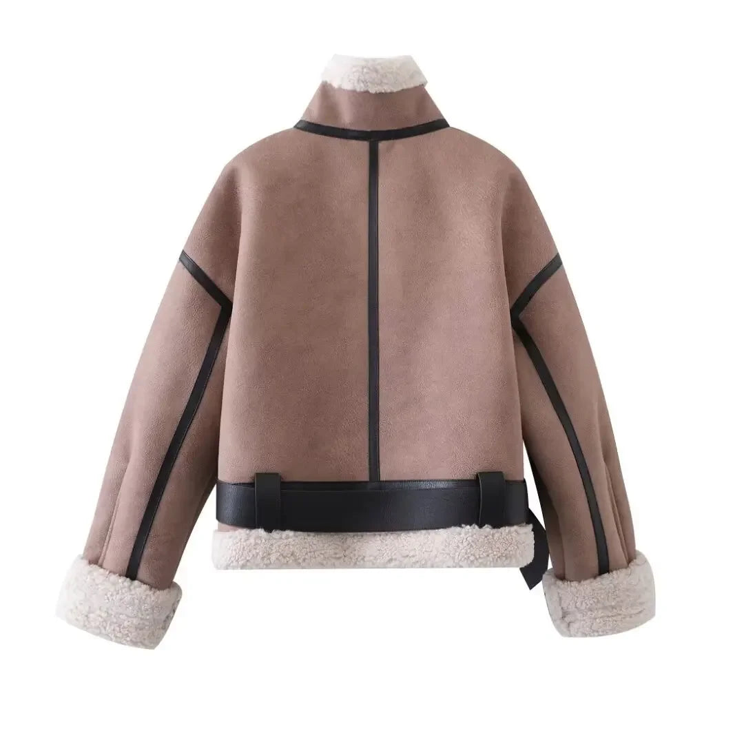 maoxiangshop  -  Women Warm Faux Shearling Jacket Coat Lapel Bomber Jacket with Belt Metal Zip Thick Jacket Winter Female Outerwear