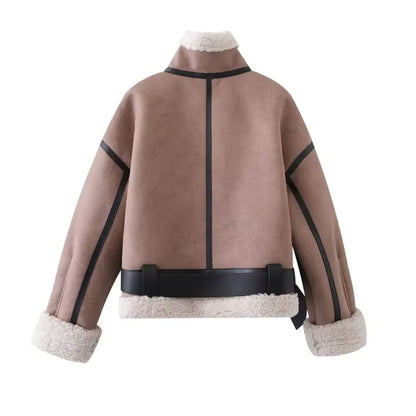 maoxiangshop  -  Women Warm Faux Shearling Jacket Coat Lapel Bomber Jacket with Belt Metal Zip Thick Jacket Winter Female Outerwear