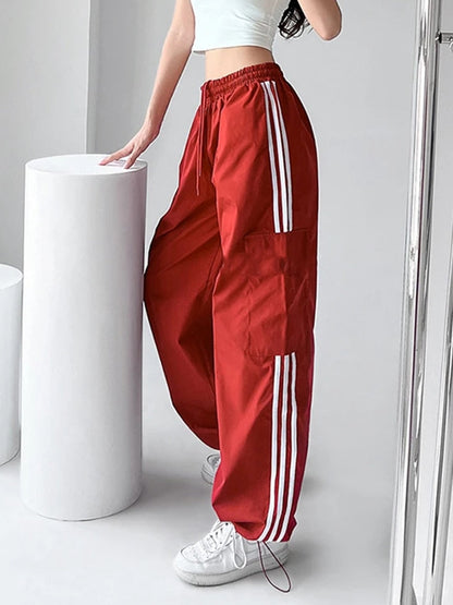 maoxiangshopHigh Waist Drawstring Cargo Pant Wide Leg Joggers Trousers Striped Harajuku Baggy Parachute Pants Sweatpants Women Clothes Y2k