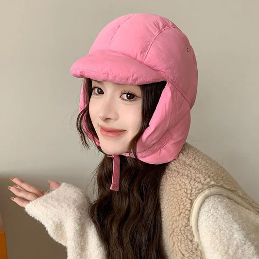 maoxiangshop  -  Down Cotton Bomber Hats for Women Winter Windproof Ear Protection Cap Warm Thick Motorcycle Lining Korean Solid Cycling Ski Hat