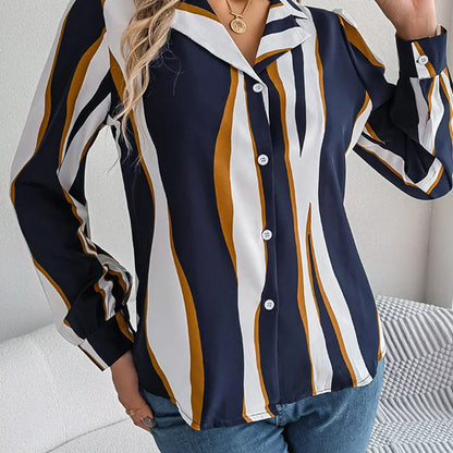 maoxiangshop Elegant Striped Women's Shirt Autumn Puff Long Sleeve Tops Youth Black Shirts & Blouses Casual Button Blouse New Collection