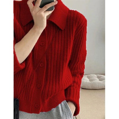 maoxiangshop Turn Down Knit Cardigan Women Autumn Winter Button Up Solid Color Sweater Coats Woman Long Sleeve Soft Cardigans Ladies