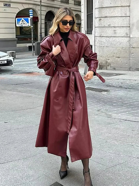 maoxiangshop  -  Fashion Retro Wine Red Long Women's Coat Turndown Collar Double Breasted Coats with Belt Vintage Windproof Winter Overcoat