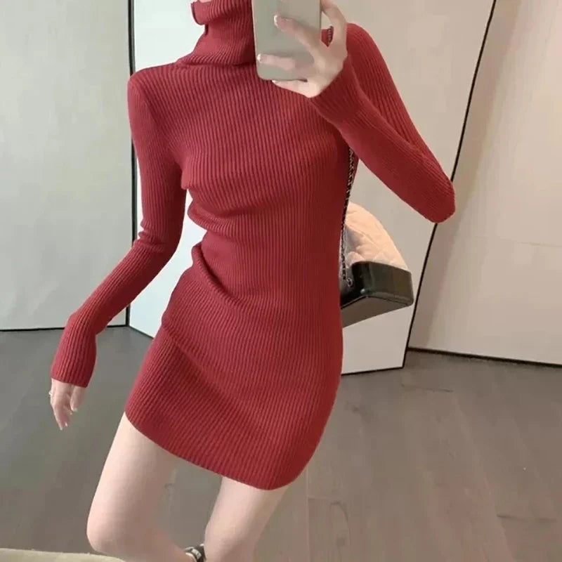 maoxiangshop Women Autumn Turtleneck Thicken Warm Bodycon Dress Long Sleeve Knit Solid Office Pullover Dress For Women Winter