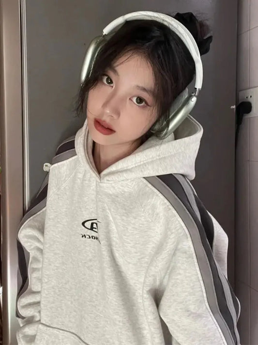 maoxiangshop maoxiangshopDeeptown Hip Hop Streetwear Gray Oversized Hoodies Women Harajuku Vintage Patchwork Sweatshirt Loose Casual Y2K Tops Kpop Grunge