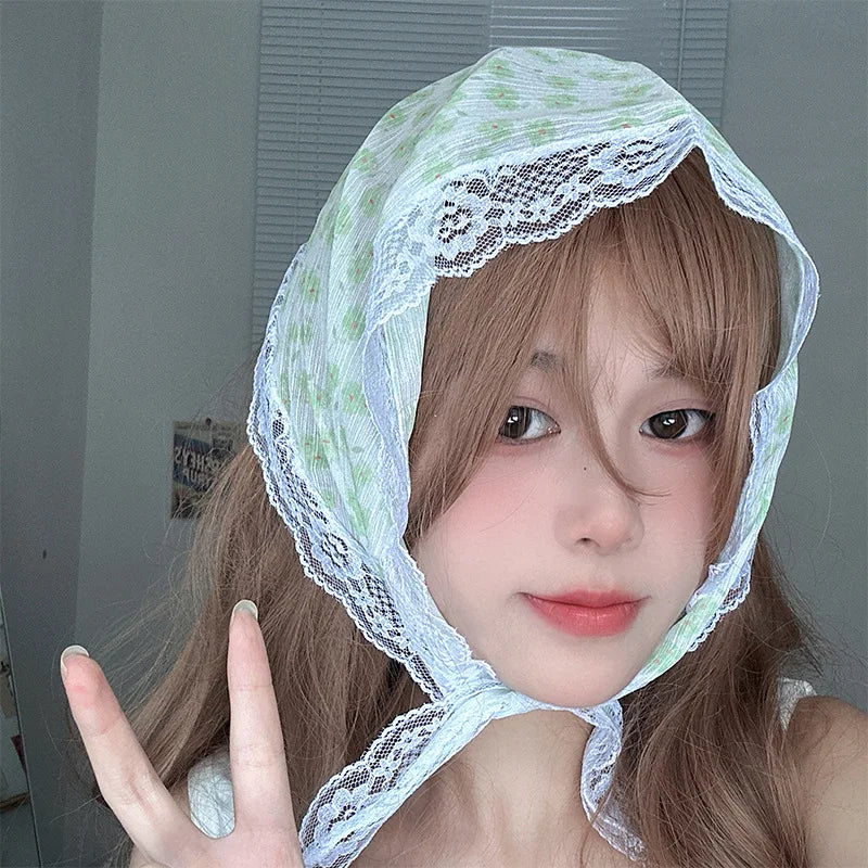 maoxiangshop Korean Lace Floral Hair Scarf Women Retro Triangle Hair Band Strap Hair Bag Headscarf Photo Headband Turban Accessorie