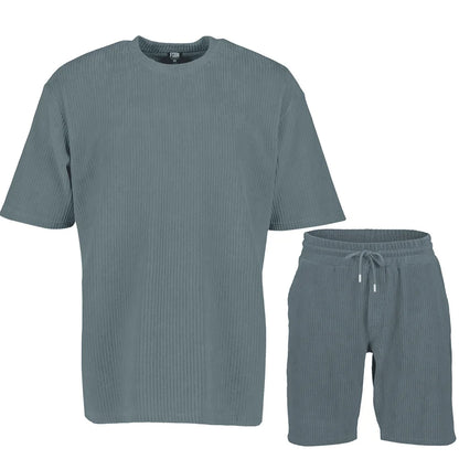 maoxiangshop Summer Men's Striped Suit Loose Crew Neck Short-sleeved T-shirt And Shorts Solid Color Sports Casual Two-piece Set